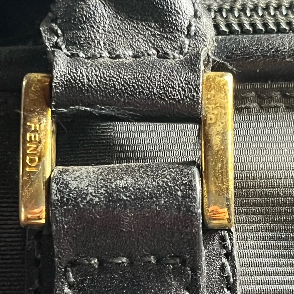 Fendi Black Striped Duffel Bag travel with strap. Convertible Boston bag